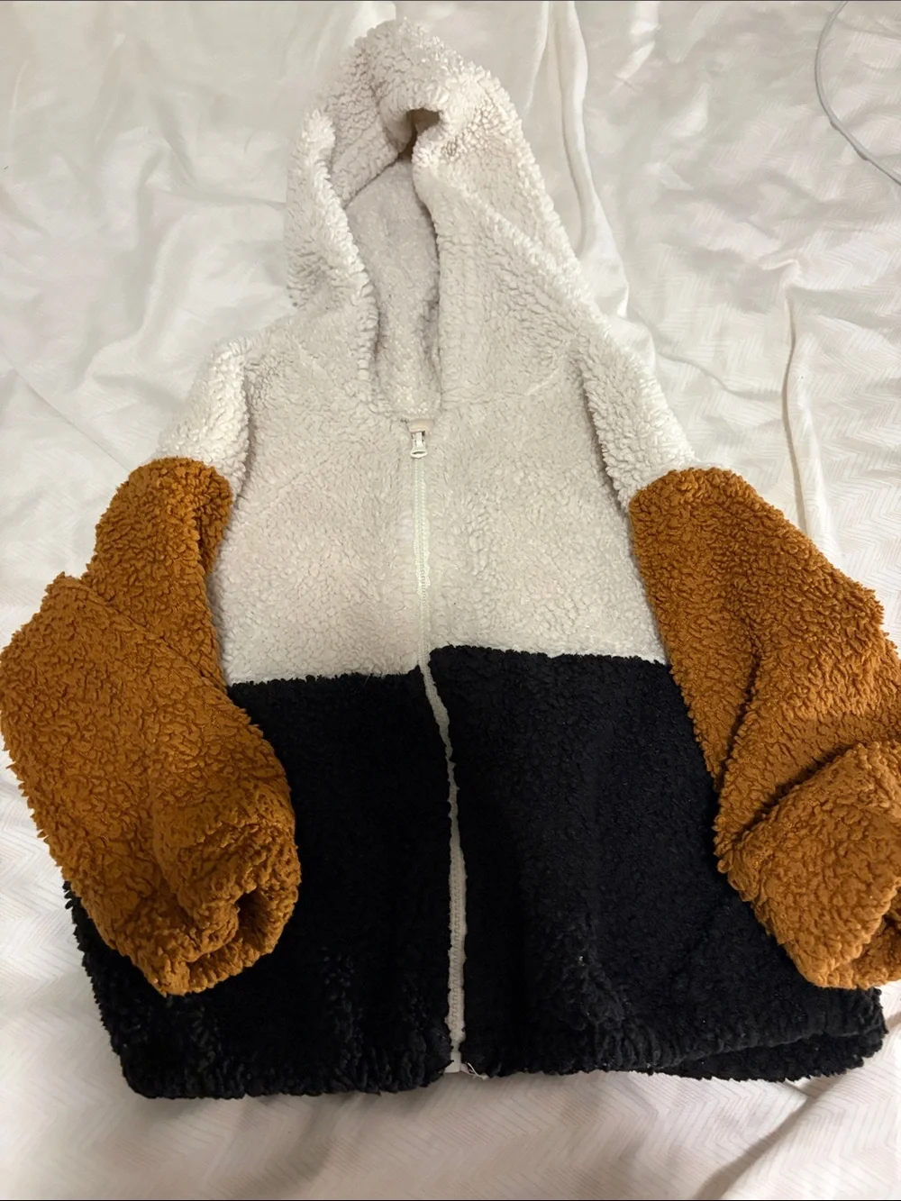 Kids Colorblock Sherpa Hoodie Jacket - Cream, Black & Rust - 18-24 months